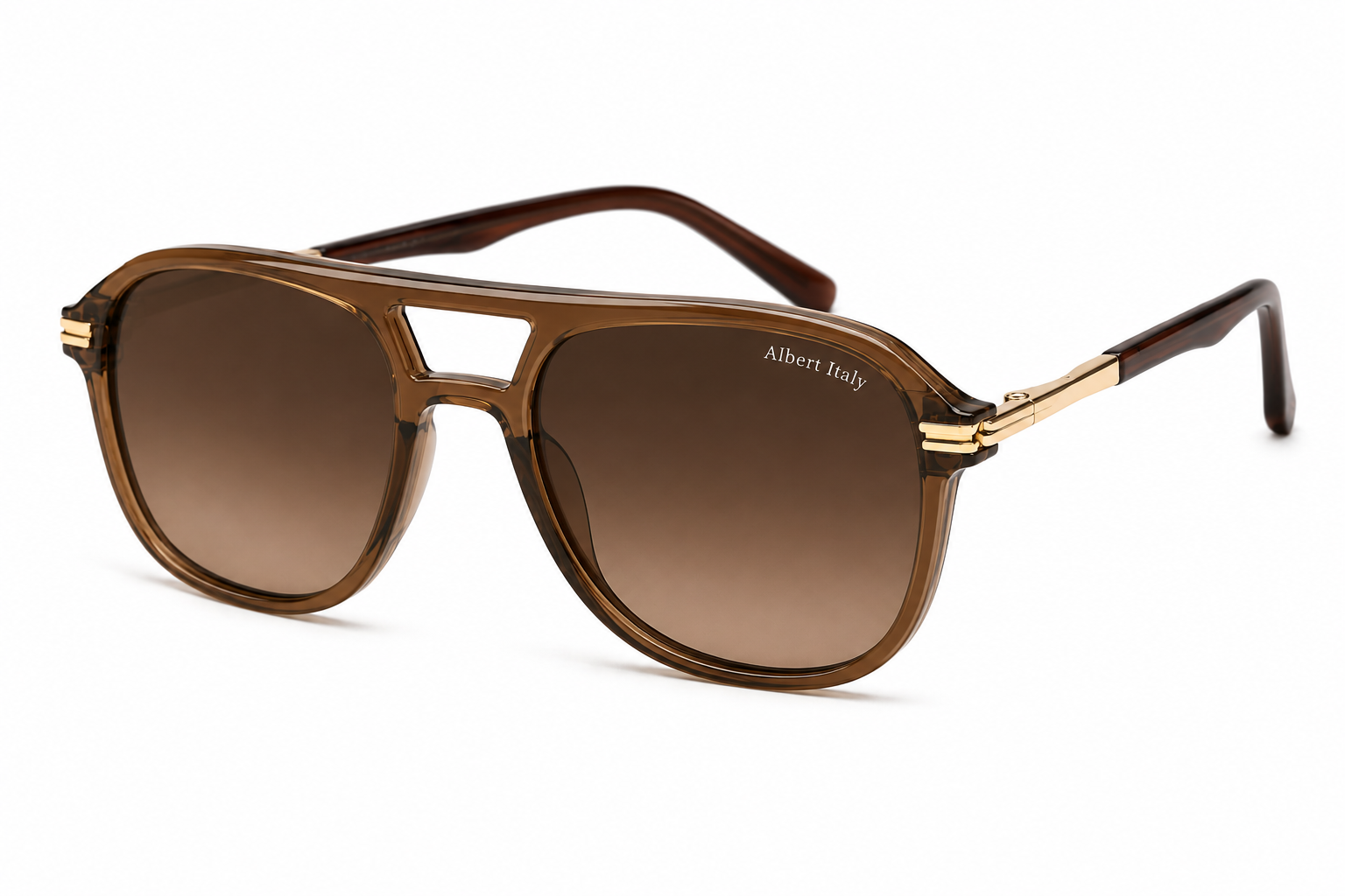 Albert Italy Translucent Brown & Gold Double-Bridge Aviator Sunglasses